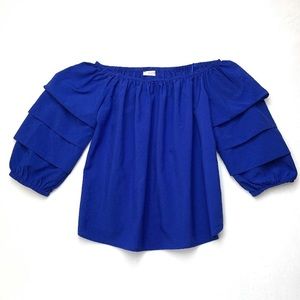Elodie Sleeve Blouse M Cropped Bright Blue  Off Shoulder Tiered Ruffle 3/4 Top